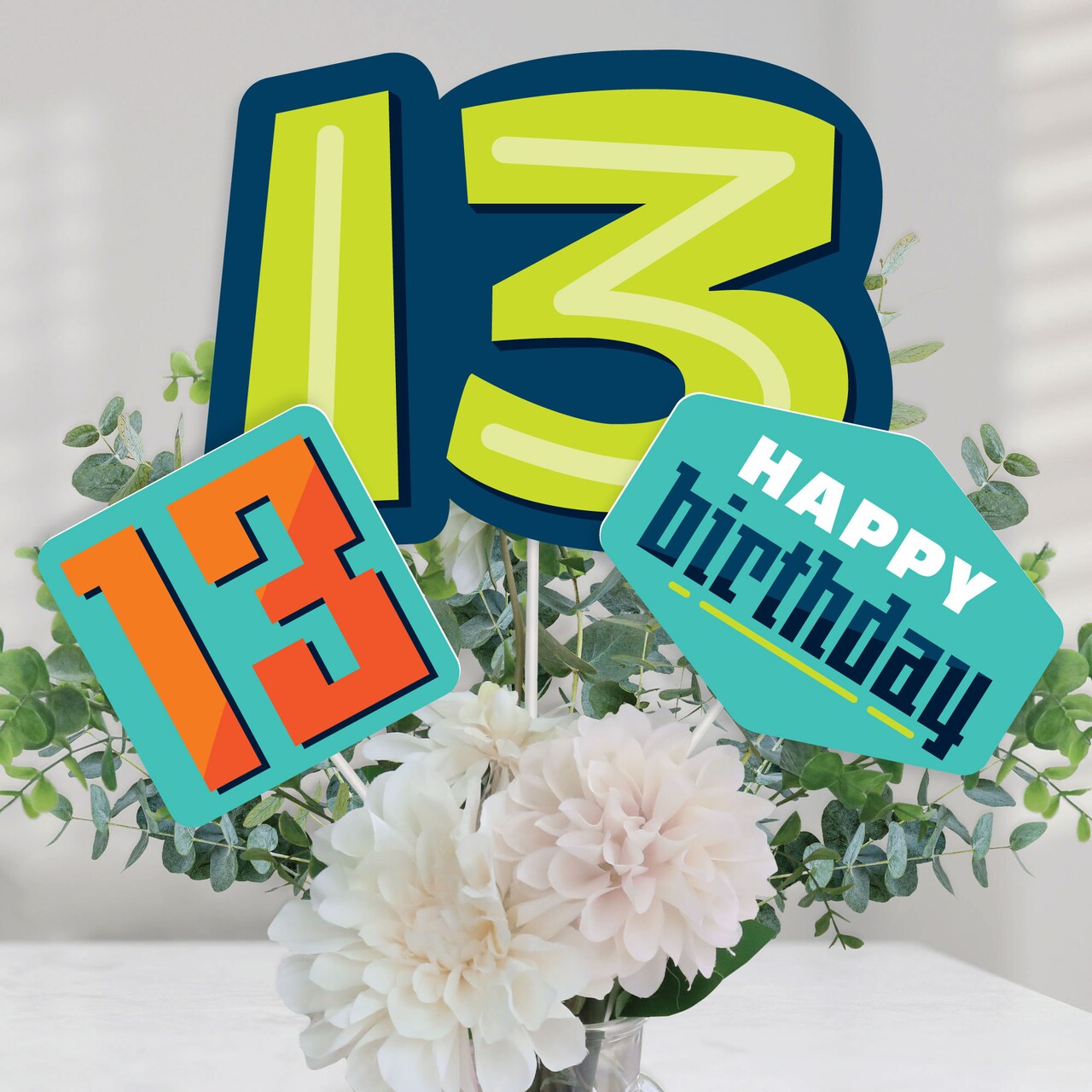 Big Dot of Happiness Boy 13th Birthday - Official Teenager Birthday Party Centerpiece Sticks - Table Toppers - Set of 15